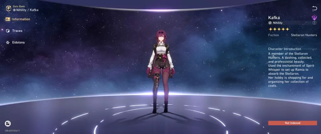 Kafka, a Lightning character from Honkai: Star Rail.