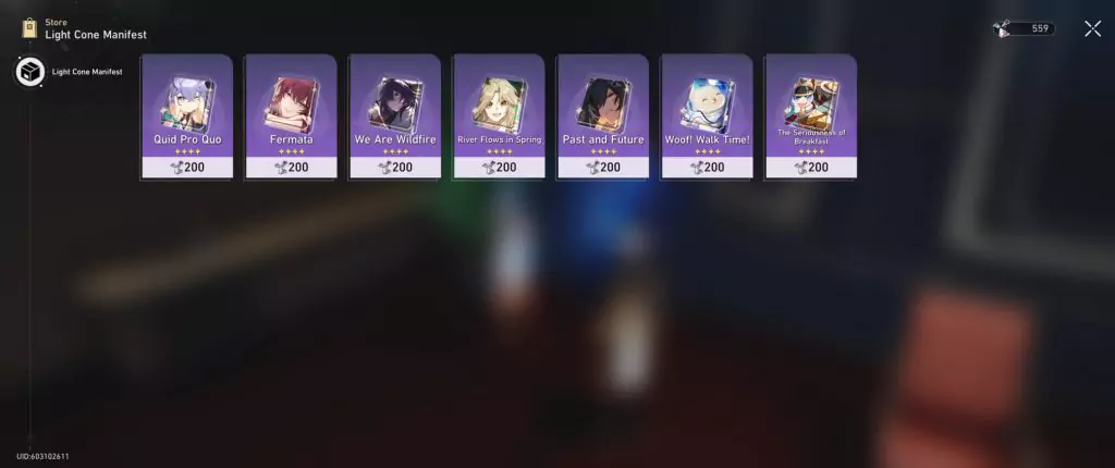 Purchasing a Light Cone from the Light Cone Manifest store through the Forgotten Hall in Honkai: Star Rail.
