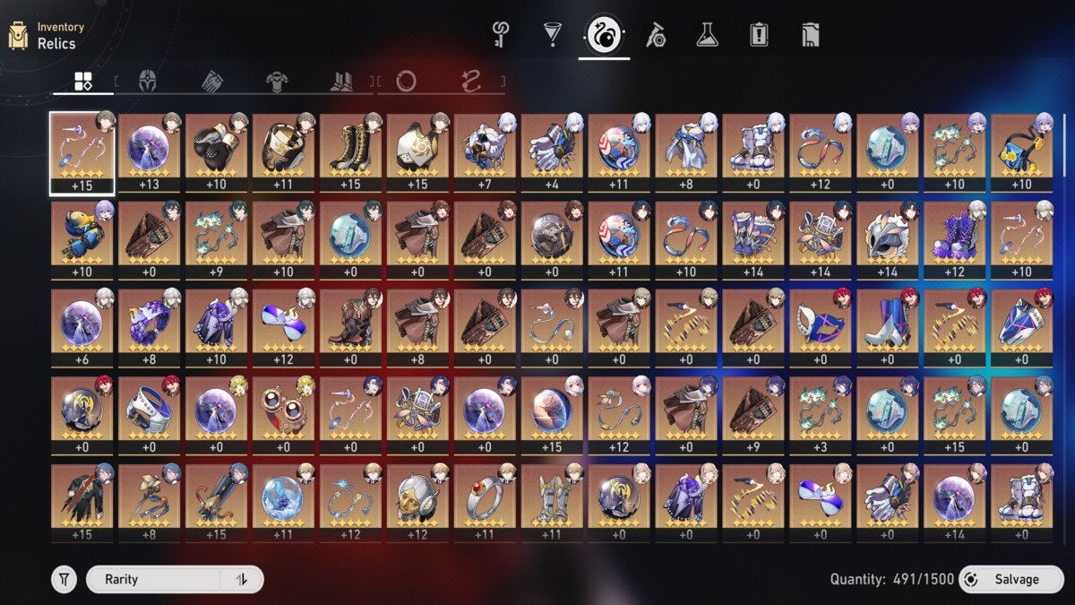 A player's inventory of Relics in Honkai: Star Rail.