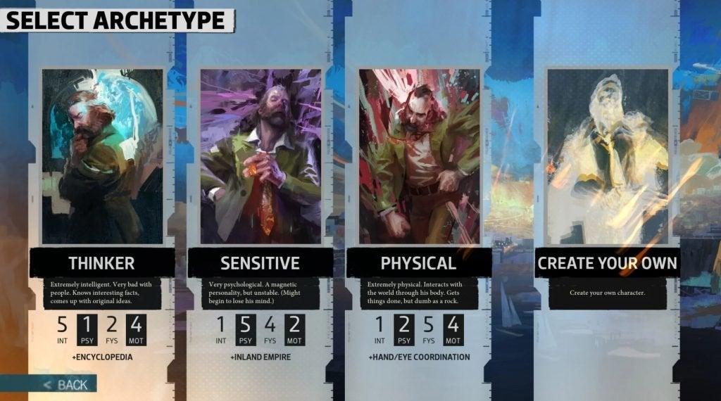 The starter character Archetypes menu in Disco Elysium.