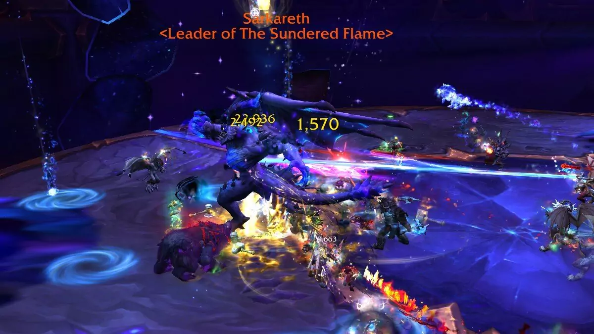 A Paladin player attacking raid boss Sarkareth using Consecration to apply DoT.