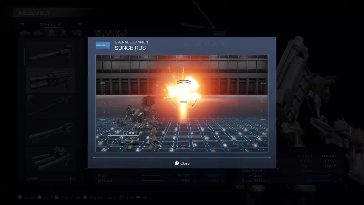 A showcase of the Songbirds Grenade Launchers from Armored Core 6.