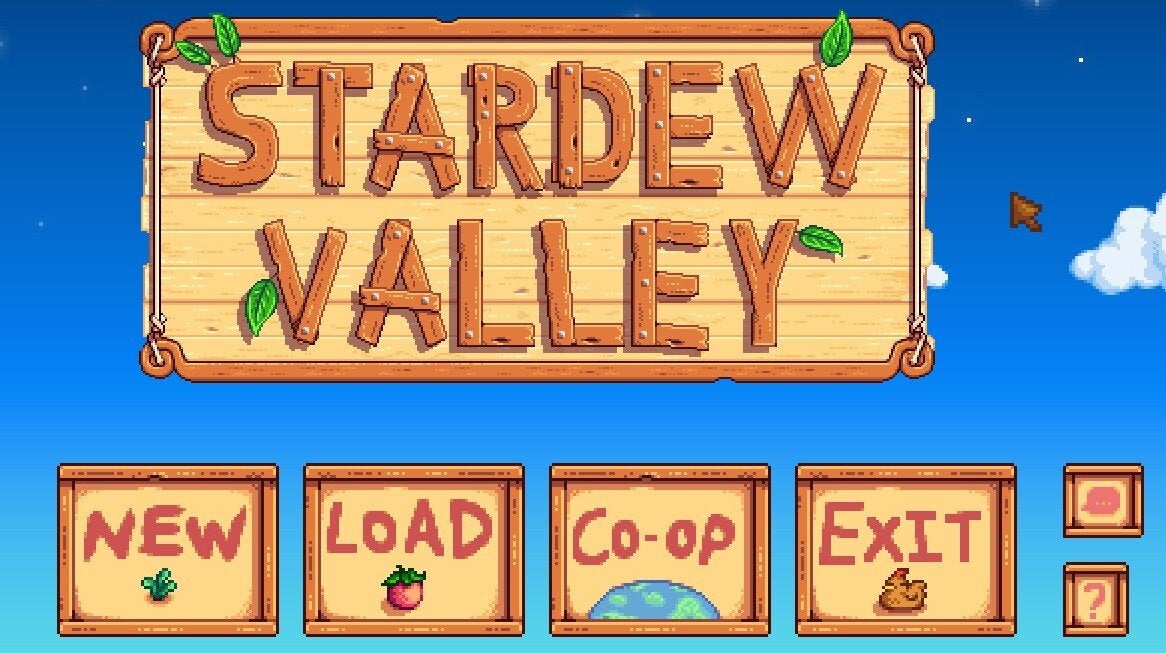 The Stardew Valley main menu, showing the "New," "Load," and "Co-Op" options. 