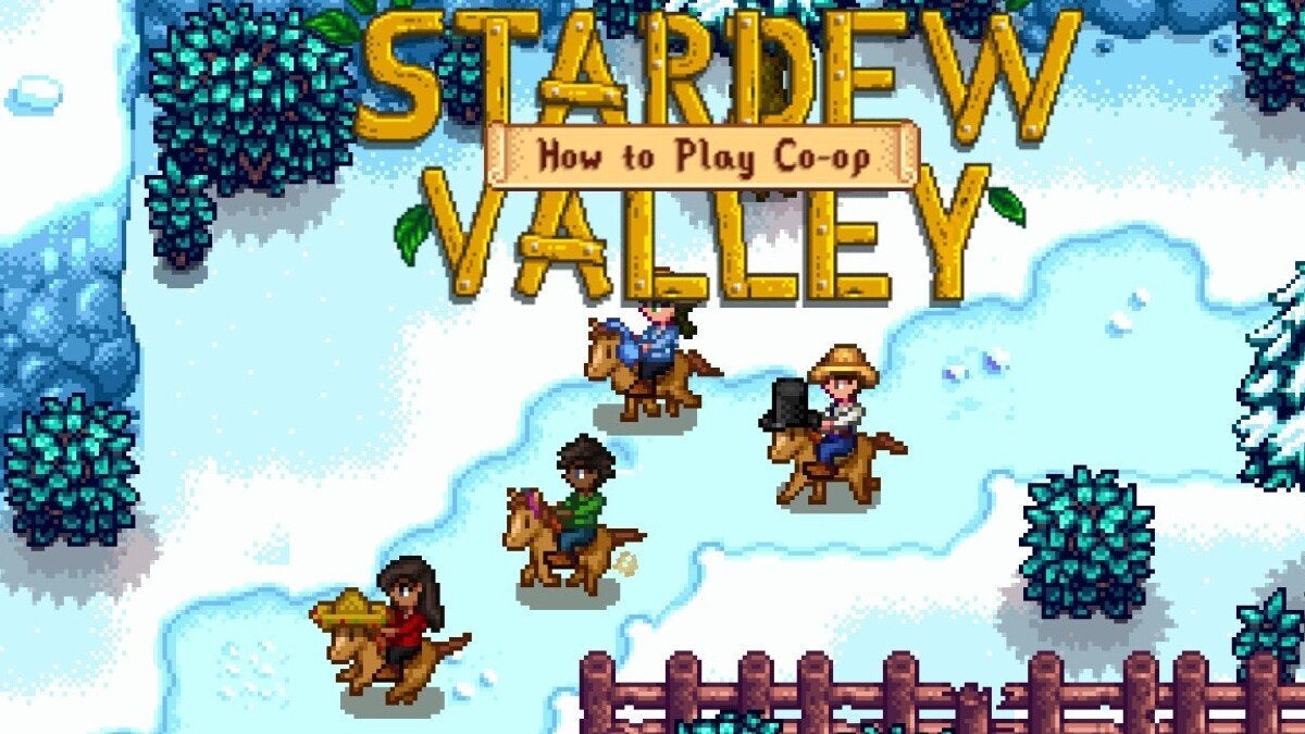 Four players riding horses together in Co-op in Stardew Valley.
