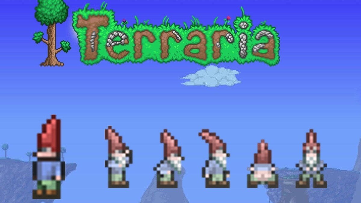 A Gnome mob and the different iterations of the Garden Gnome statue together against a generic Terraria background including the logo.