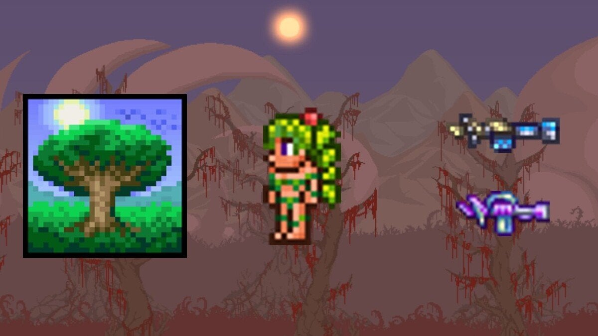 A large tree next to the Dryad NPC, the Cletaminator, and the Terraformer. All are in front of a Terraria background representing corruption.