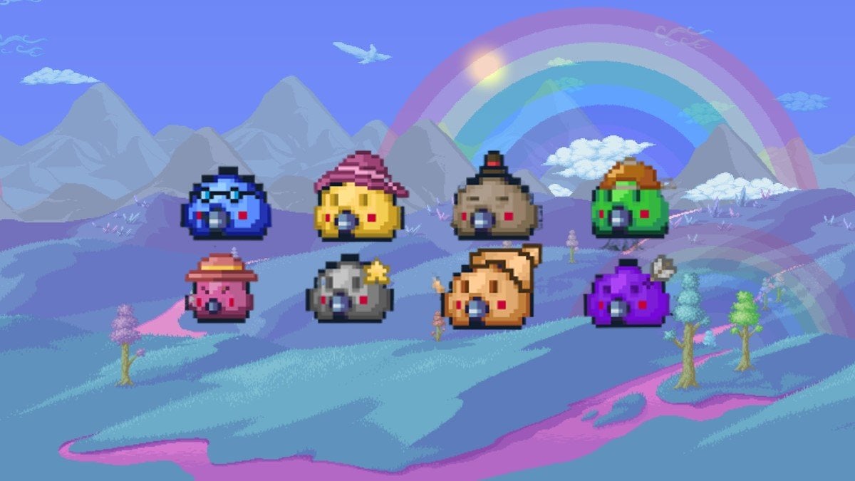 All eight Town Slimes in Terraria against a generic Hallow background.