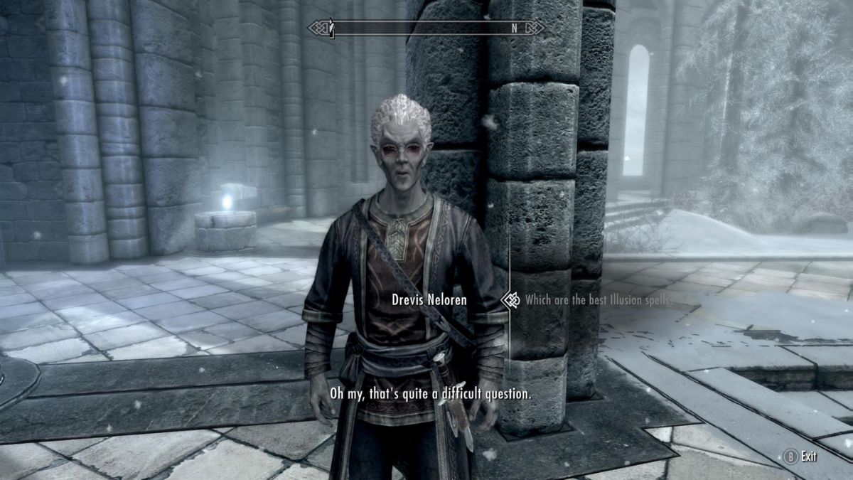 Drevis Neloran in Skyrim being asked "what are the best Illusion spells?"