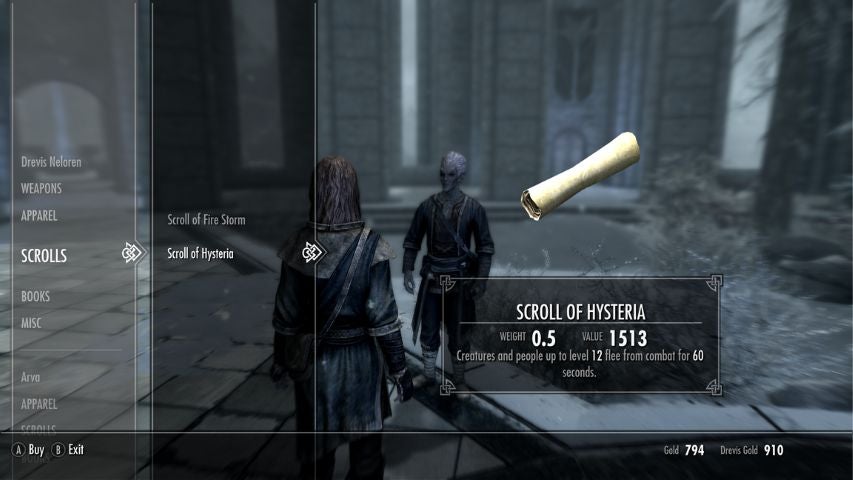 A single-use Scroll of Hysteria being purchased in Skyrim.