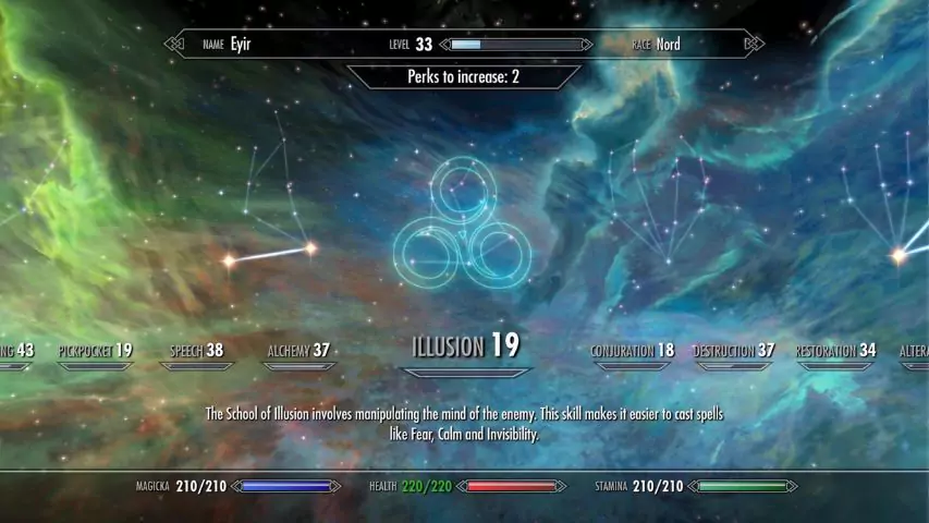 The Illusion perk tree in Skyrim.