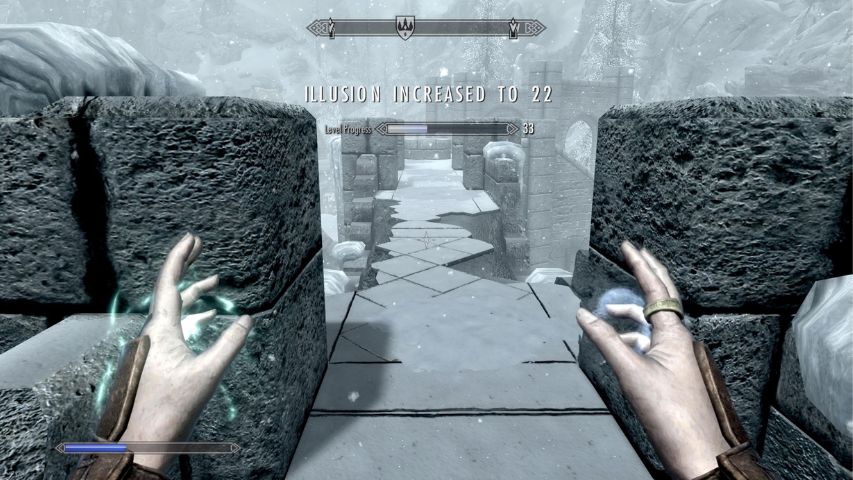A notification to show Illusion skill leveling up in Skyrim after a pair of hands casts a spell.