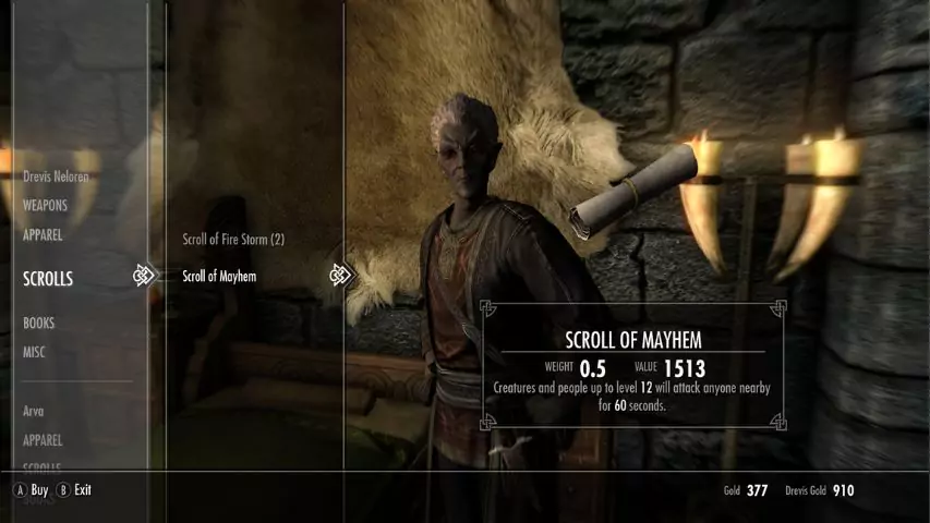 A single-use Mayhem scroll sold by Drevis Neloren in Skyrim.