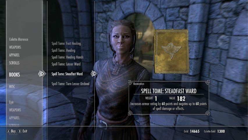 Purchasing the Steadfast Ward spell tome from Colette Marence in Skyrim.