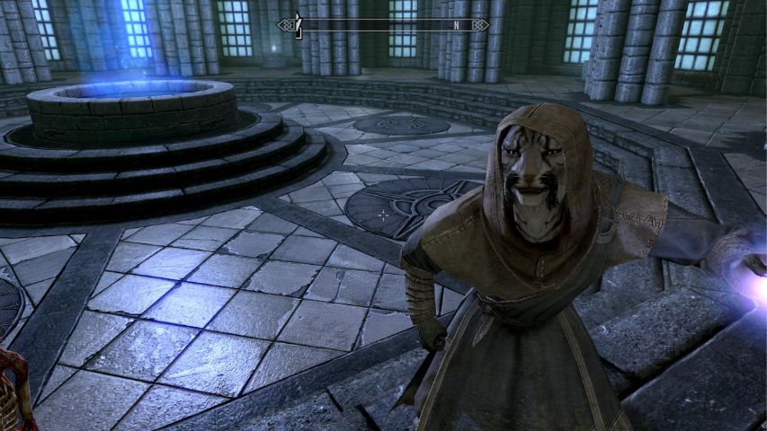 J'zargo from Skyrim crouching mid-spell in the College of Winterhold
