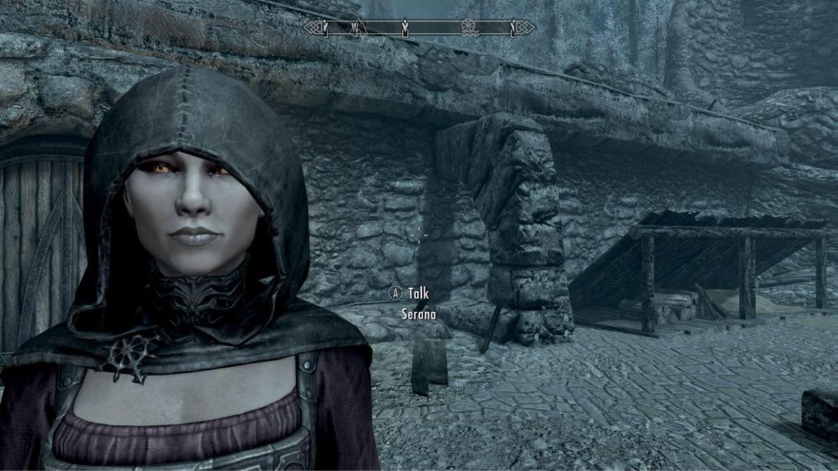 Serana from The Elder Scrolls V: Skyrim looking into the camera with her hood up.
