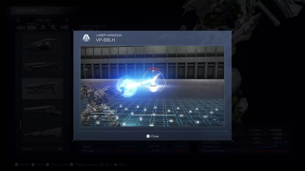 A showcase of the VP-66LH Laser Handgun from Armored Core 6.