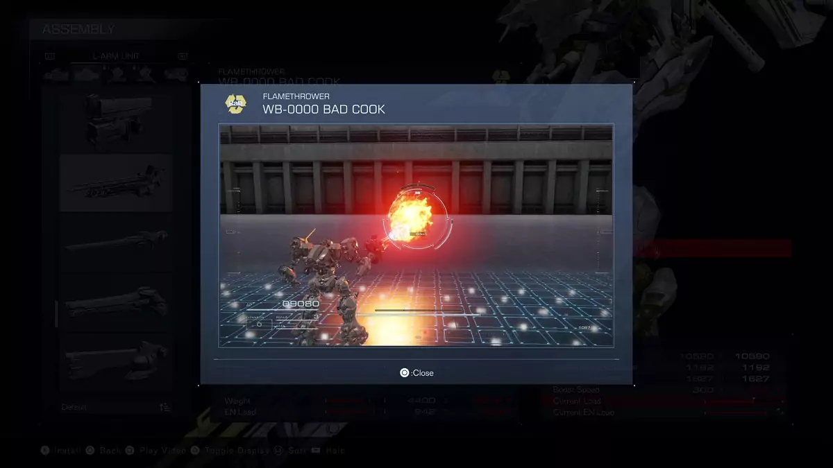 A showcase of the Bad Cook flamethrower from Armored Core 6.