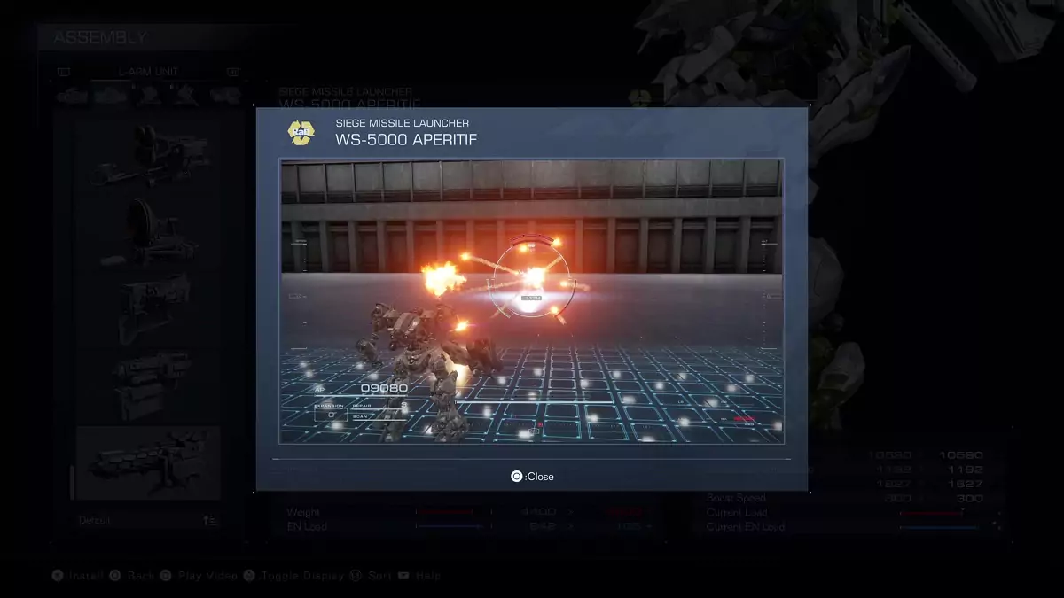 A showcase of the Aperitif Siege Missile Launcher from Armored Core 6.