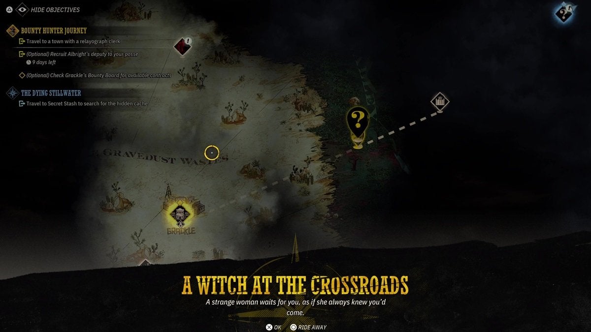 Encountering the "A Witch at the Crossroads" event while fast traveling in Weird West.