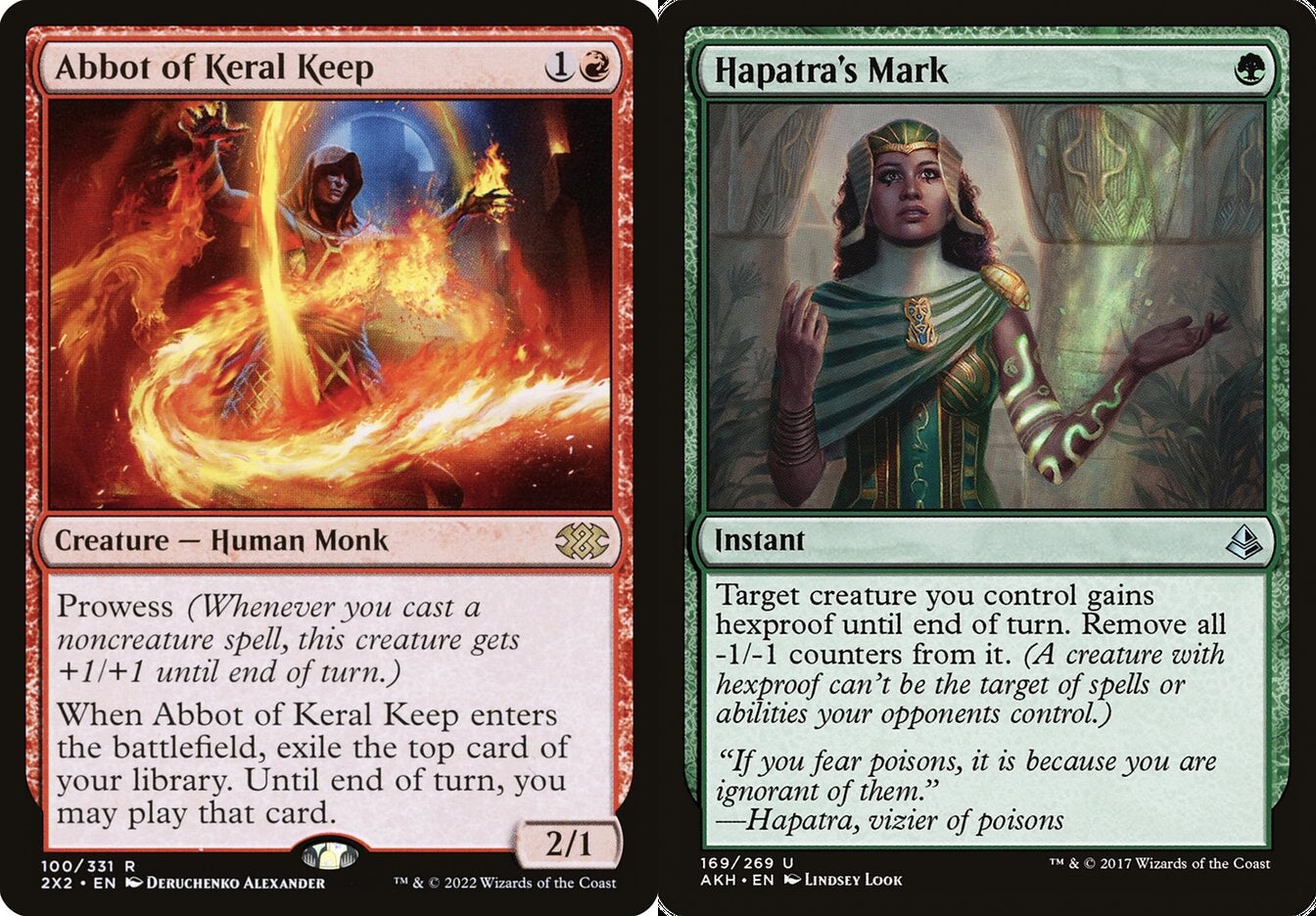 On the left is a red creature card with Prowess and on the right is a green instant card that grants Hexproof to a target creature—both are from Magic: The Gathering.