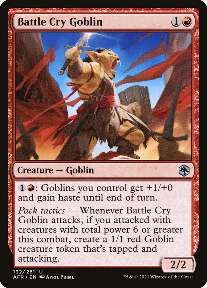 A red creature card from Magic: The Gathering named "Battle Cry Goblin."