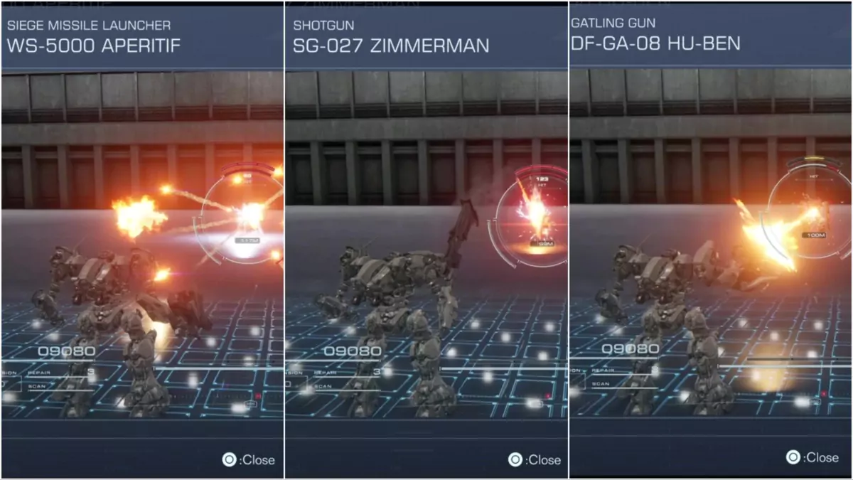 A showcase of the Aperitif, Zimmerman, and Hu-Ben weapons from Armored Core 6.