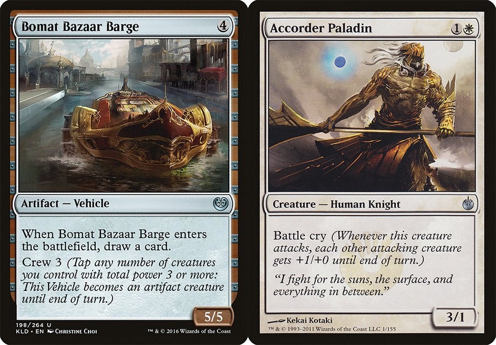 The Artifact Vehicle Bomat Bazaar Barge, which has the Crew ability, and the Accorder Paladin white Creature card—both are from Magic: The Gathering.
