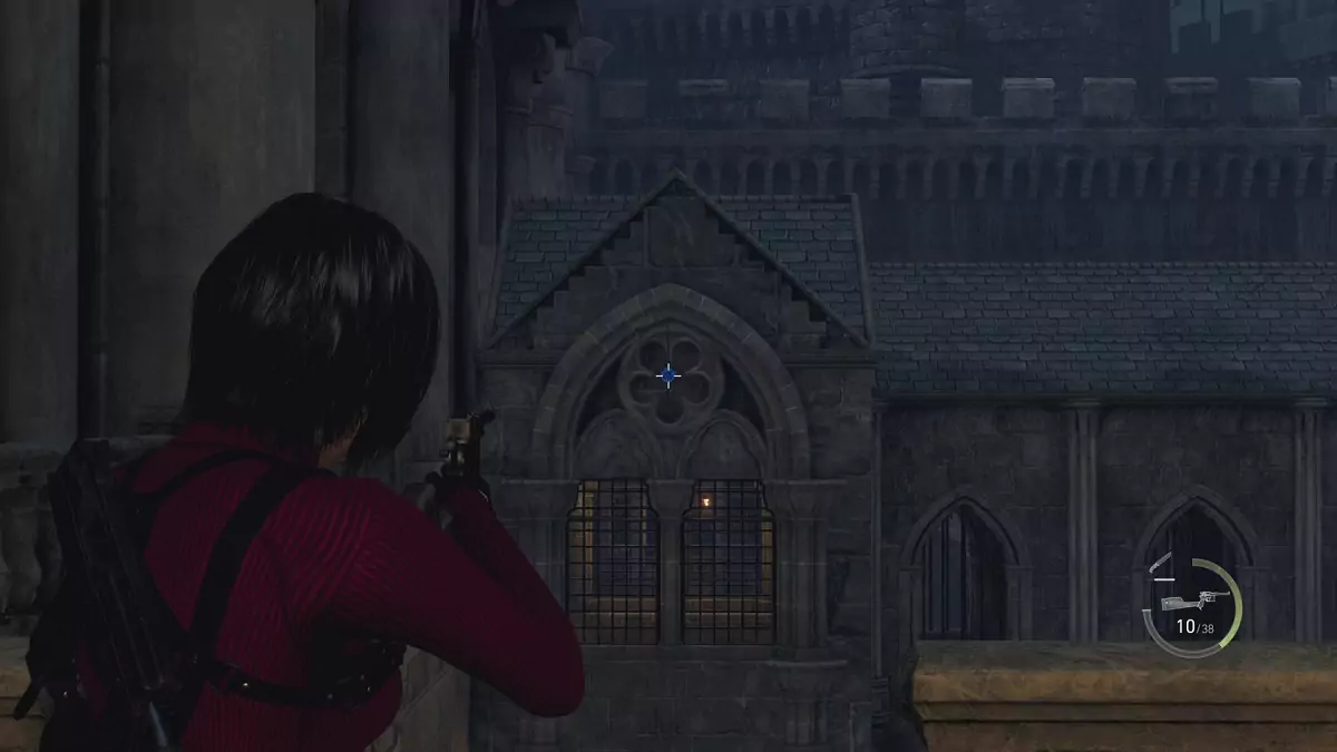 Ada aiming at a Blue Medallion situated at the center of a flower-shaped carving.