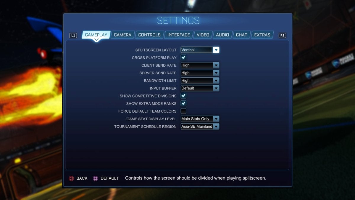 The Settings menu from Rocket League.
