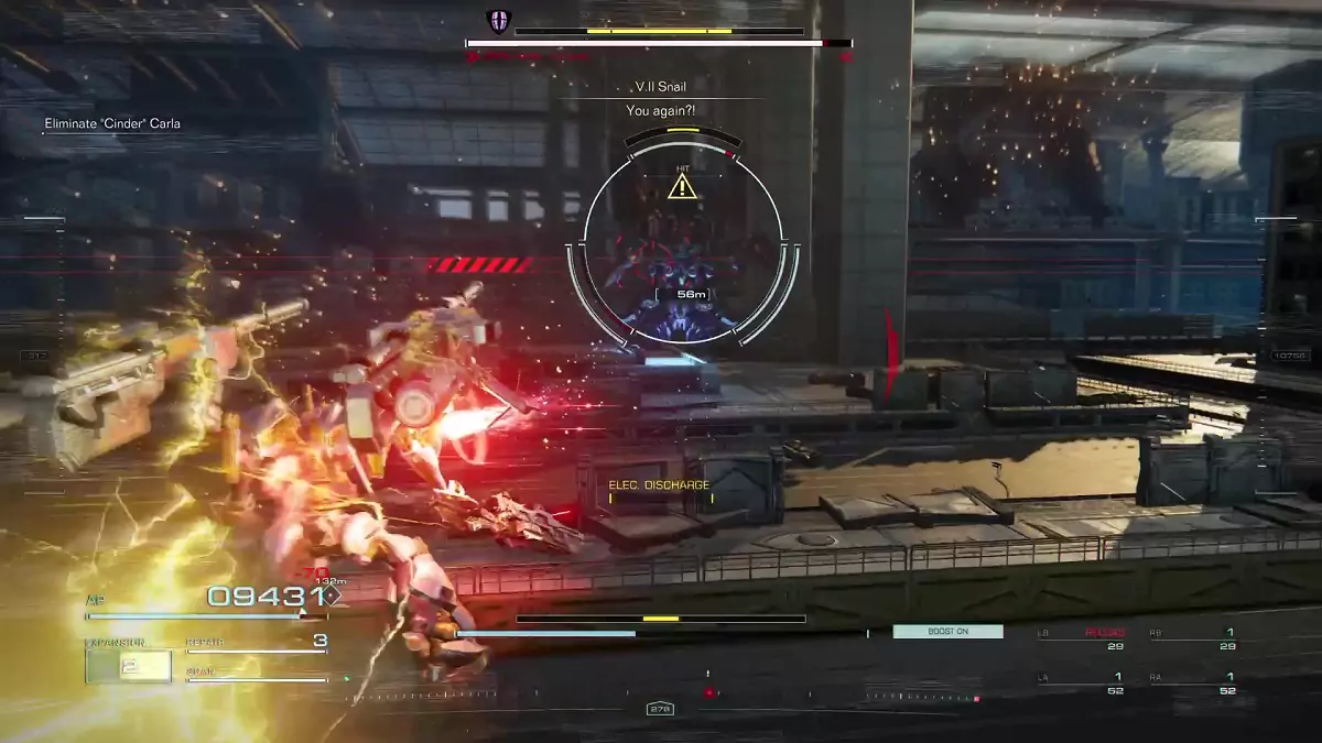 Raven fighting V.II Snail in the 'Eliminate "Cinder" Carla' mission.