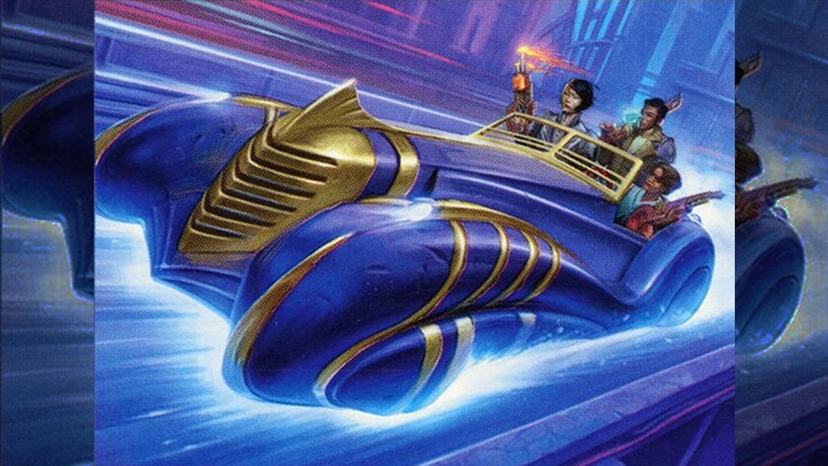 Card art from the blue Artifact Vehicle called "Deluxe Dragster" from Magic: The Gathering.
