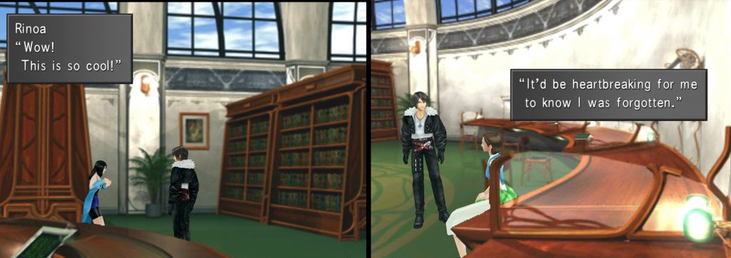 Squall speaking to Rinoa, and then Ellone, in the Library.