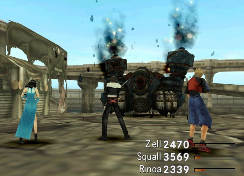 The player faces a broken down tank spewing dark clouds of smoke. 