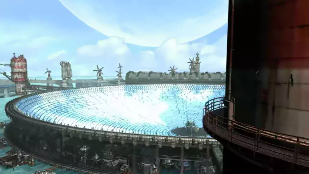 An industrial town with wind turbines and silos, built around an enormous circular solar panel.