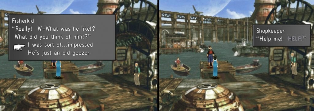 On a small wooden dock, the player speaks with a boy in a rowboat. Next, the boy's fishing line has caught a nearby shopkeeper and he hangs in the air gasping for breath.