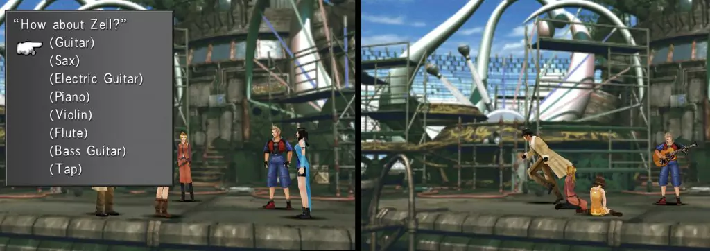 In front of a half built stage, Zell plays a guitar while Irvine sneaks away.