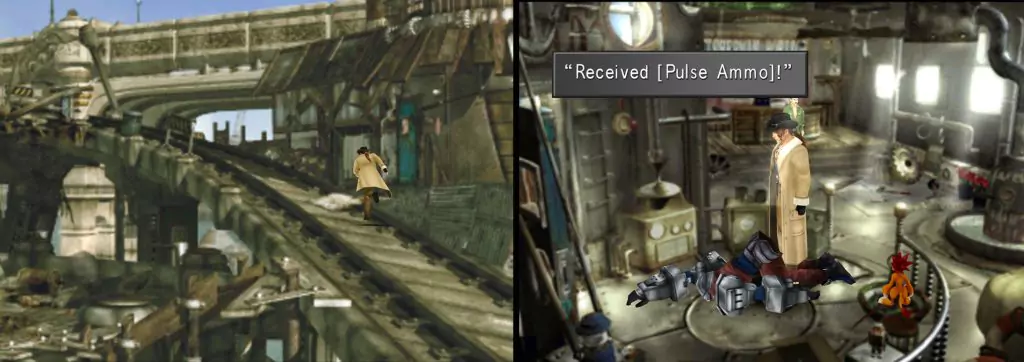 Irvine finds a balding man being threatened by a Soldier in a cluttered house filled with gears and machinery.