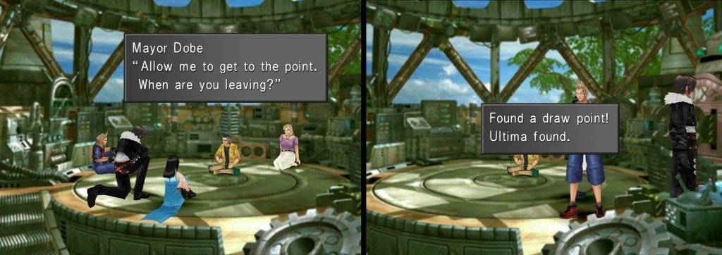 The player meets with the Mayor and his wife in a round industrial room full of gadgets, buttons, and panels.