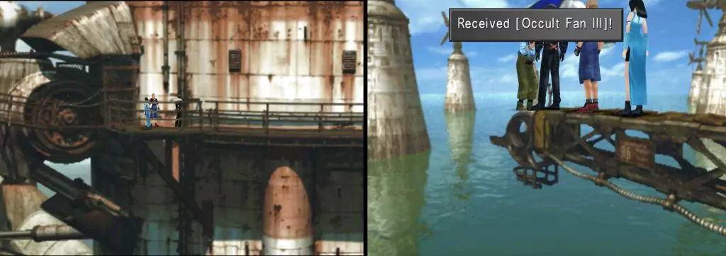 A ladder on the left side of a rusted silo leads down to the end of a crane with a view of many wind turbines that jut out of the ocean.
