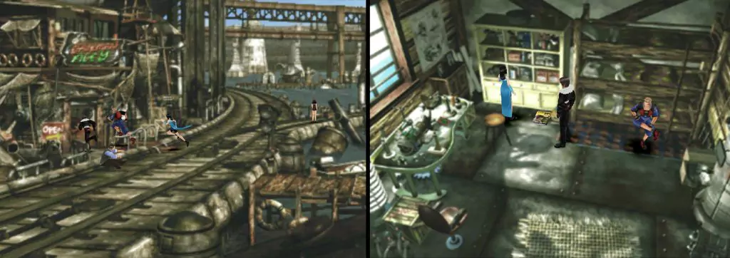 A ramshackle building made from a boat with "Drunkman's Alley" on the prow. Inside is a cluttered room with an issue of Timber Maniacs on the floor beside crude bunkbeds.