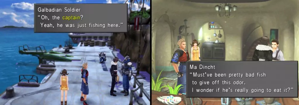 The player speaks with a soldier at the docks, then returns to a cozy adobe house filled with house plants.
