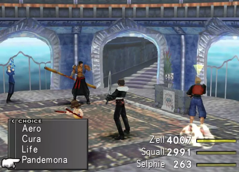 In the front lobby of a hotel with large windows overlooking the sea, the player faces a muscled man in a vest and a thin woman with grey hair and an eyepatch.