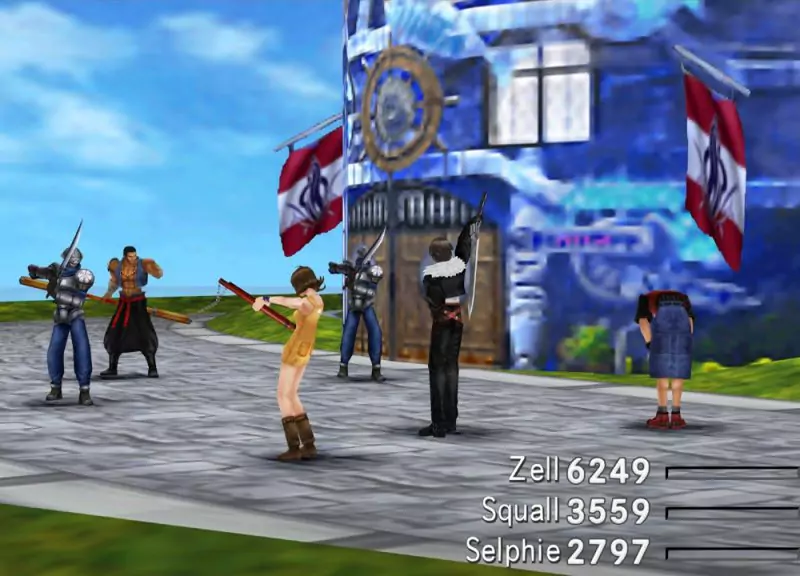 In front of a blue hotel building with a captain's wheel above the door, the player faces two soldiers and a muscled man in a vest holding a staff.