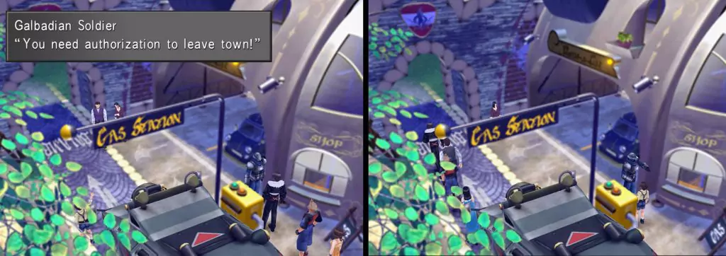 A young boy in overalls distracts a Soldier so the player can sneak around a military blockade.