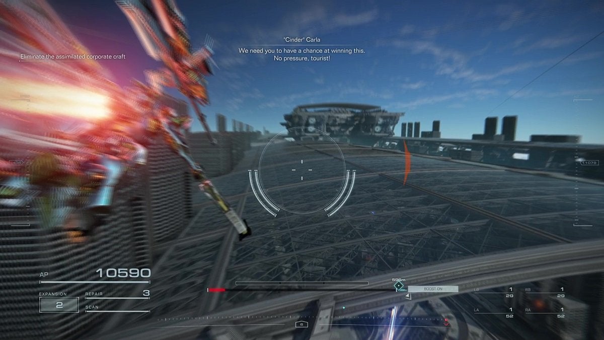 Raven flying above the roof of a glass dome in the "Intercept the Corporate Forces" mission.
