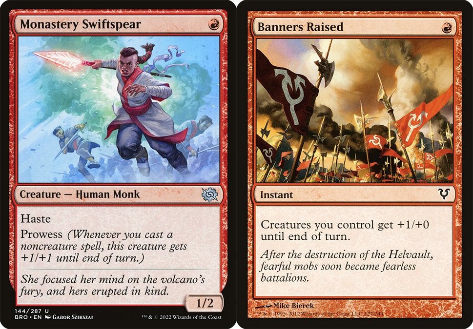 A red creature card with Haste and Prowess on the left and a red instant card that grants +1/+0 to creatures its owner controls—both cards are from Magic: The Gathering.