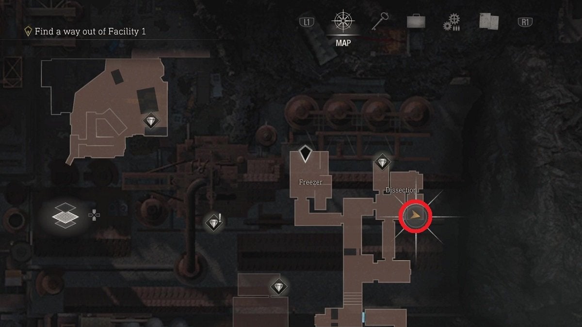 A picture of a map indicating the location of the second Ornate Beetle with a red circle in Resident Evil 4 - Separate Ways.