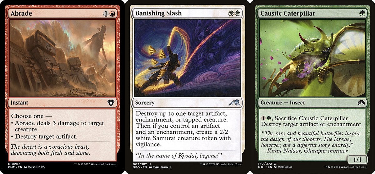 Red, white, and green Magic: The Gathering cards that can destroy Artifacts.