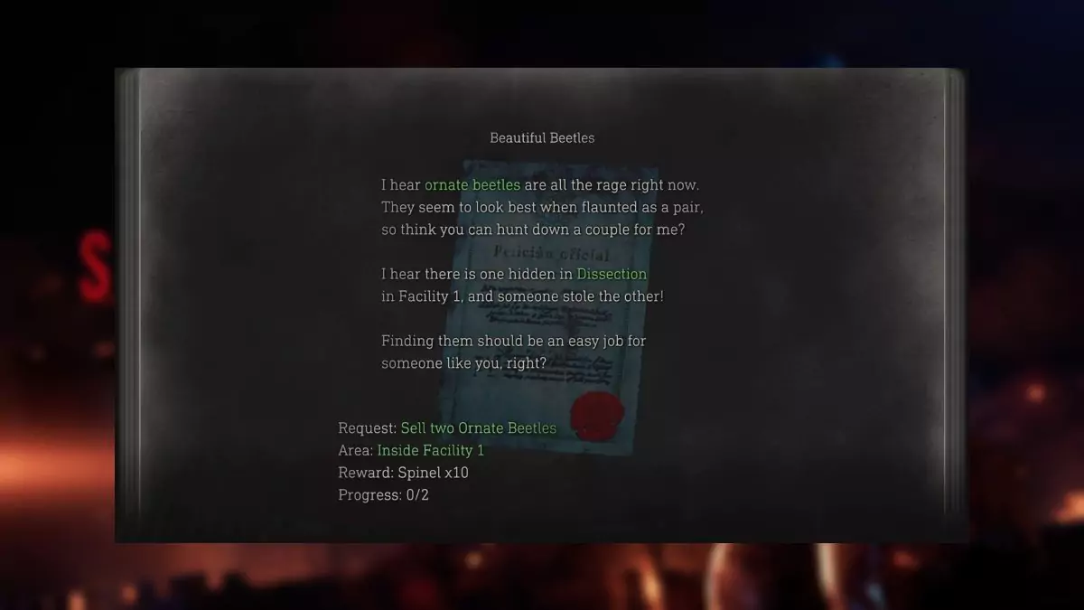 The note for the Beautiful Beetles request in Resident Evil 4 - Separate Ways.