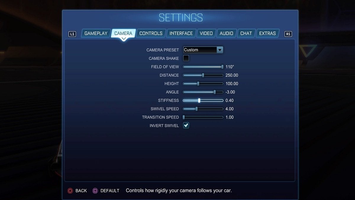 The Camera Settings menu in Rocket League.